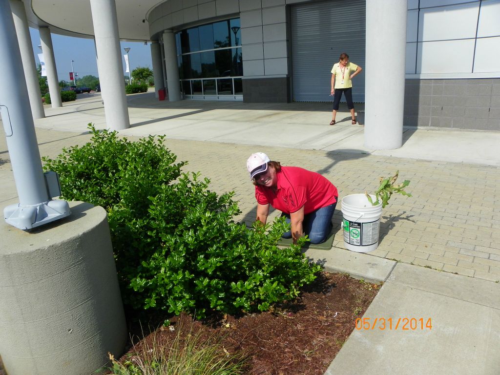 Karen Kelly cleans up around flower beds with a smile!